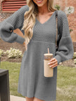 FJØRNA white V-neck puff sleeve knitted sweater dress with solid color, featuring a fitted silhouette and stylish design.