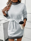 Light grey FJØRNA casual striped sweater dress with half-high collar and contrast design, perfect for casual or wedding occasions.