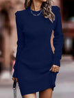 FJØRNA white round neck long-sleeved bodycon sweater dress, close-up showing fitted style and soft knit fabric.