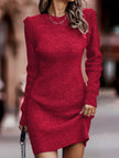 White FJØRNA round neck long-sleeved bodycon sweater dress displayed on a hanger.