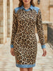 Leopard print denim patchwork A-line work dress by FJØRNA, featuring a stylish, casual design with a fitted waist and flared skirt.