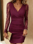 FJØRNA white V-neck lace long-sleeved bodycon dress for women, close-up showcasing elegant lace details and fitted silhouette.
