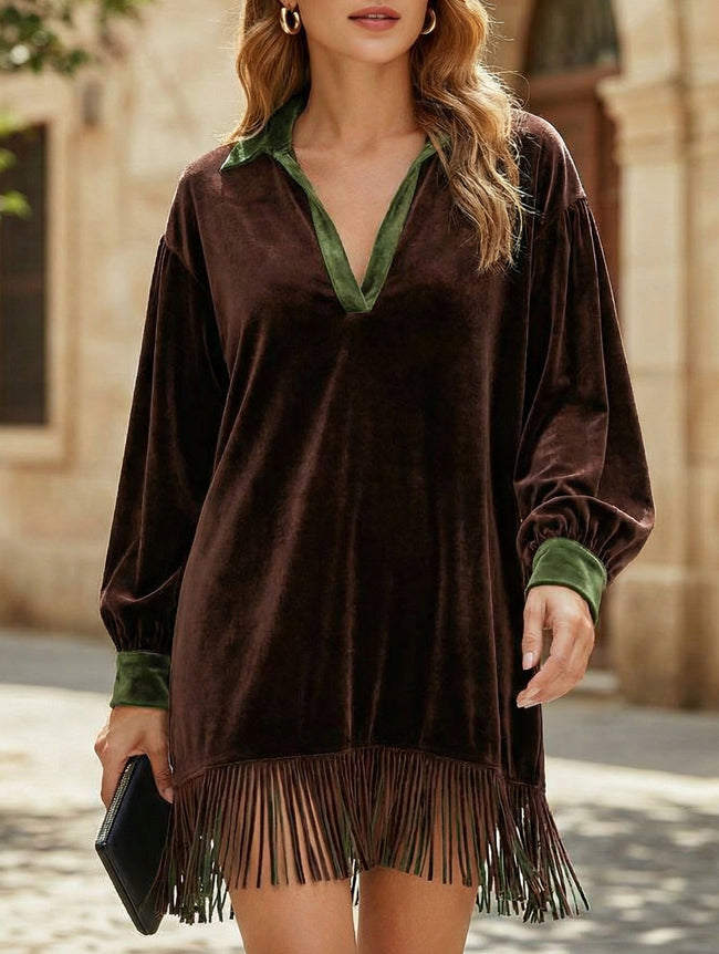 Color-blocked loose-fitting tassel dress for women by FJØRNA, featuring a stylish white dress with tassel details and a relaxed fit.