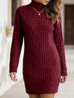 FJØRNA stylish brushed striped turtleneck long-sleeve dress in white, featuring a fitted silhouette and elegant design.