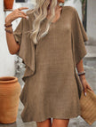 White FJØRNA solid loose ruffle V-neck flowy dress with a relaxed fit and feminine ruffle details, perfect for casual or elegant occasions.