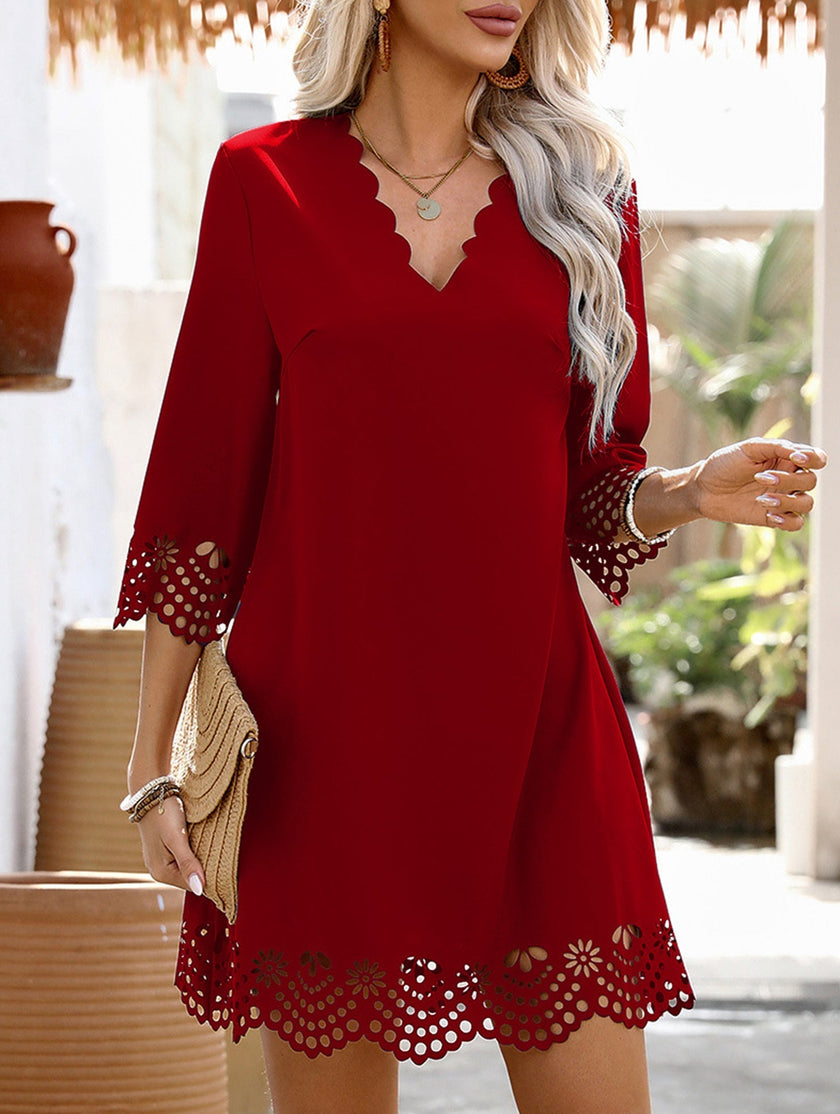 FJØRNA Burnout Floral A-Line White Dress with vibrant red floral pattern, lightweight fabric, and elegant flowy silhouette.