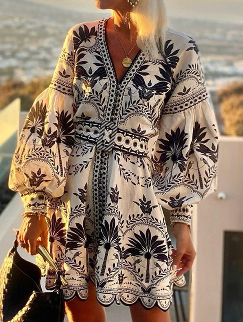 FJØRNA printed beach mini dress in white, lightweight and stylish with a relaxed fit, perfect for summer or casual outings.