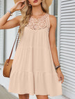 White lace patch halter A-line dress by FJØRNA featuring intricate lace details and a flattering silhouette.