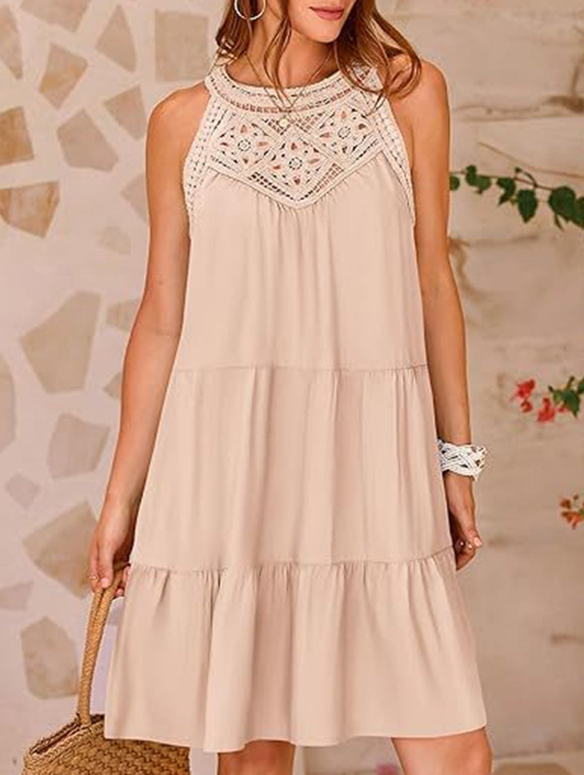 White lace patch halter A-line dress by FJØRNA, featuring a fitted bodice and flared skirt, perfect for elegant occasions.