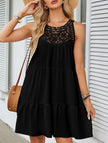 FJØRNA white lace patch halter A-line dress with sleeveless design and fitted waist, perfect for elegant occasions.