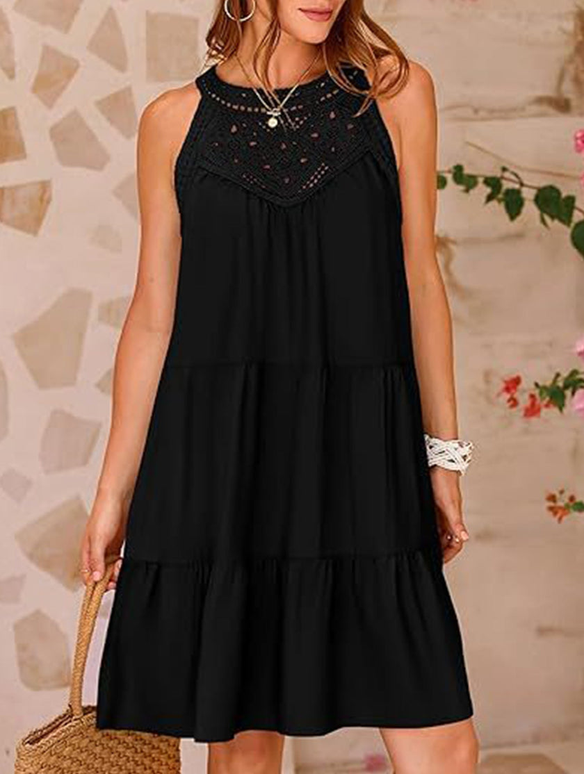 White lace patch halter A-line dress by FJØRNA, featuring a fitted bodice and flowing skirt perfect for elegant occasions.