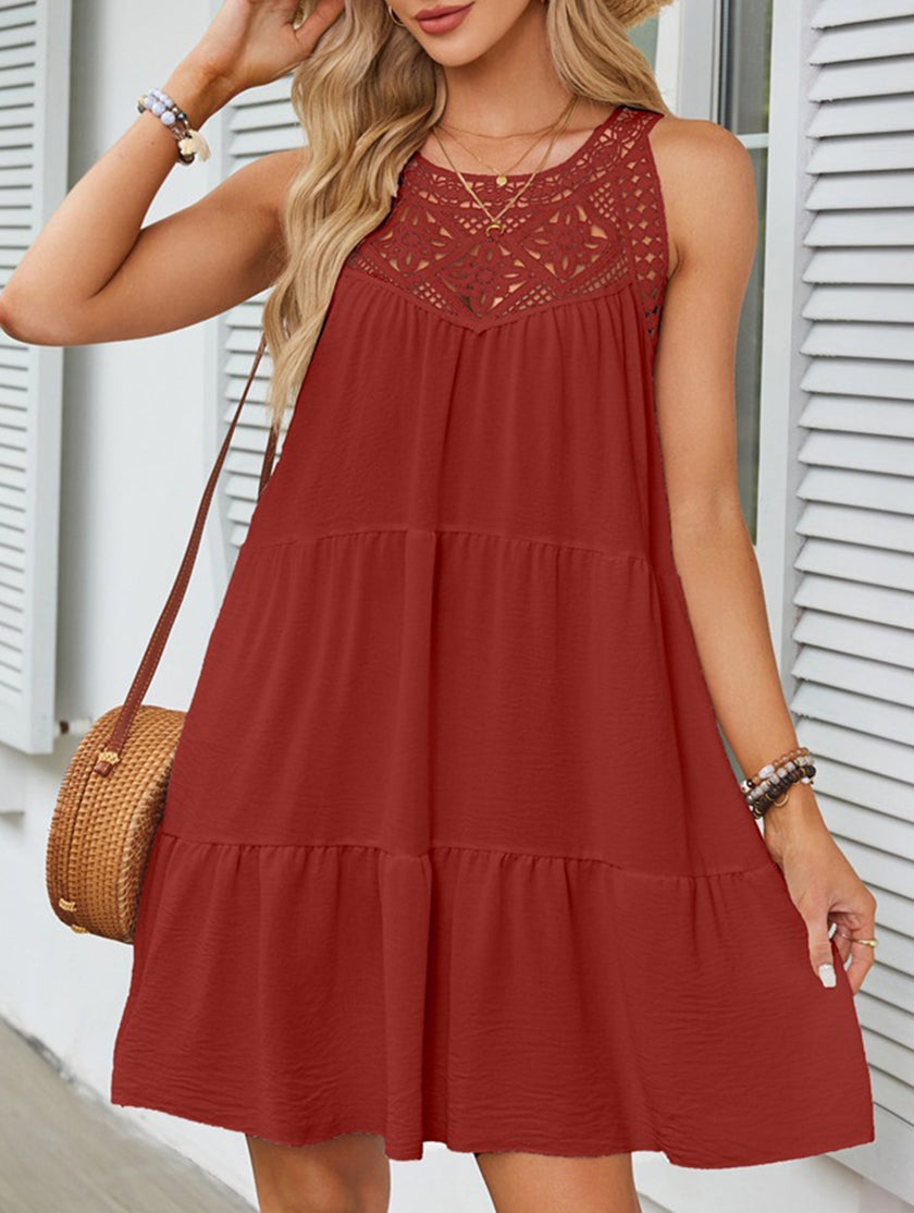 White Lace Patch Halter A-Line Dress by FJØRNA, featuring a fitted bodice and flowing skirt, displayed on a mannequin.