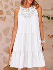 White lace patch halter A-line dress by FJØRNA, featuring delicate lace details and a flattering flowy silhouette.
