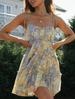 FJØRNA resort style white high-end short dress with a print, perfect for summer or vacation wear.