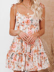 FJØRNA casual floral print short sleeve dress with orange floral pattern, perfect for casual or wedding occasions.