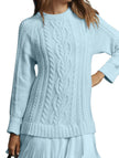 FJØRNA white cable knit chiffon patchwork mini dress with long sleeves and a relaxed fit on a model.