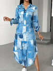 FJØRNA denim print button-down shirt dress in white, featuring a casual fit and denim pattern, shown on a model.