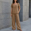 FJØRNA women's summer two-piece set with camel wide-leg co-ord, relaxed fit, perfect for casual warm-weather wear.