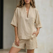 FJØRNA women's summer two-piece co-ord set with flowy camel V-neck top and matching shorts, stylish and comfortable for warm weather.