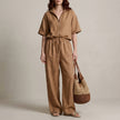 Caramel FJØRNA women's two-piece drawstring co-ord set, stylish and comfortable for casual wear, featuring a fitted top and matching pants.