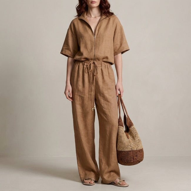 Caramel FJØRNA women's two-piece drawstring co-ord set, stylish and comfortable for casual wear, featuring a fitted top and matching pants.