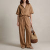 Caramel FJØRNA women's two-piece drawstring co-ord set, stylish and comfortable for casual wear, featuring a fitted top and matching pants.