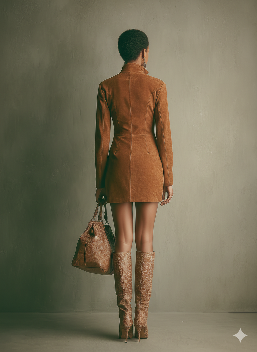FJØRNA caramel faux suede mini dress for women, close-up showing soft fabric and stylish V-neck design.