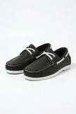 FJØRNA men's navy nautical boat shoes with PU upper, classic deck shoe design, showcasing laces and rubber sole detail.