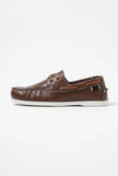 FJØRNA men's nautical boat shoes with PU upper, classic deck shoe design, featuring white and navy color for casual maritime style.