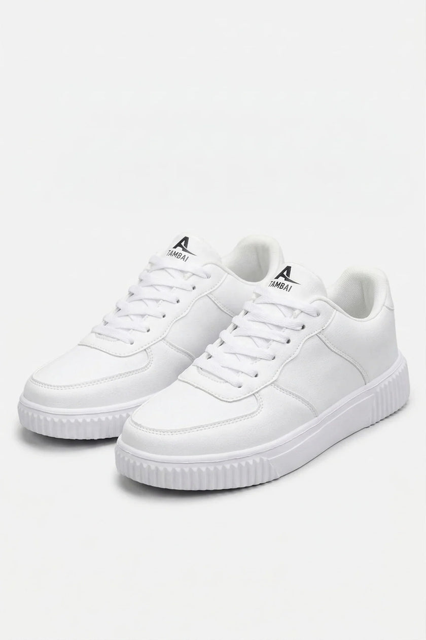 White breathable lace-up casual walking shoes for men by FJØRNA, lightweight sneakers with a sleek design and comfortable fit.