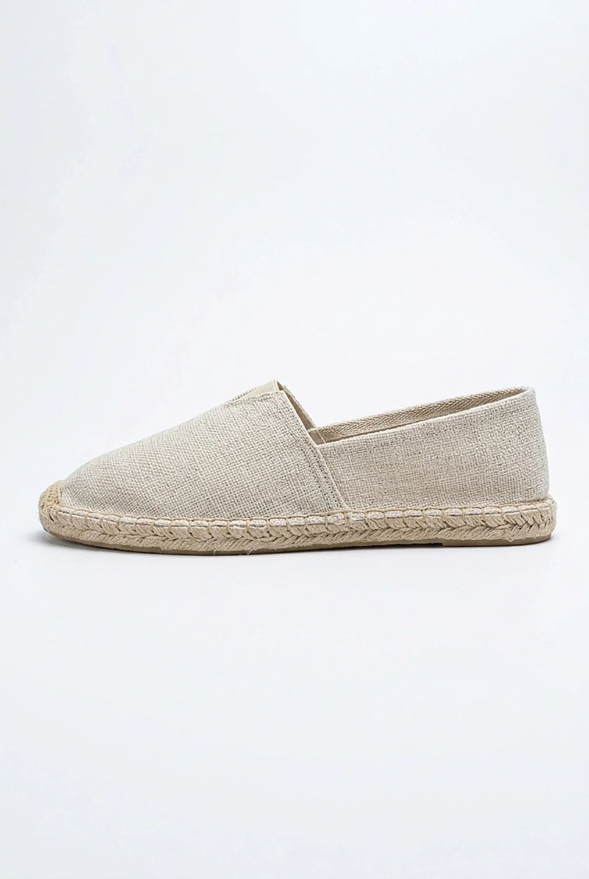 Men's linen slip-on espadrille shoes by FJØRNA, lightweight summer footwear with a casual woven fabric design.