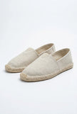 Men's linen espadrille slip-on shoes by FJØRNA, lightweight summer espadrilles with woven fabric and rubber sole, casual footwear.