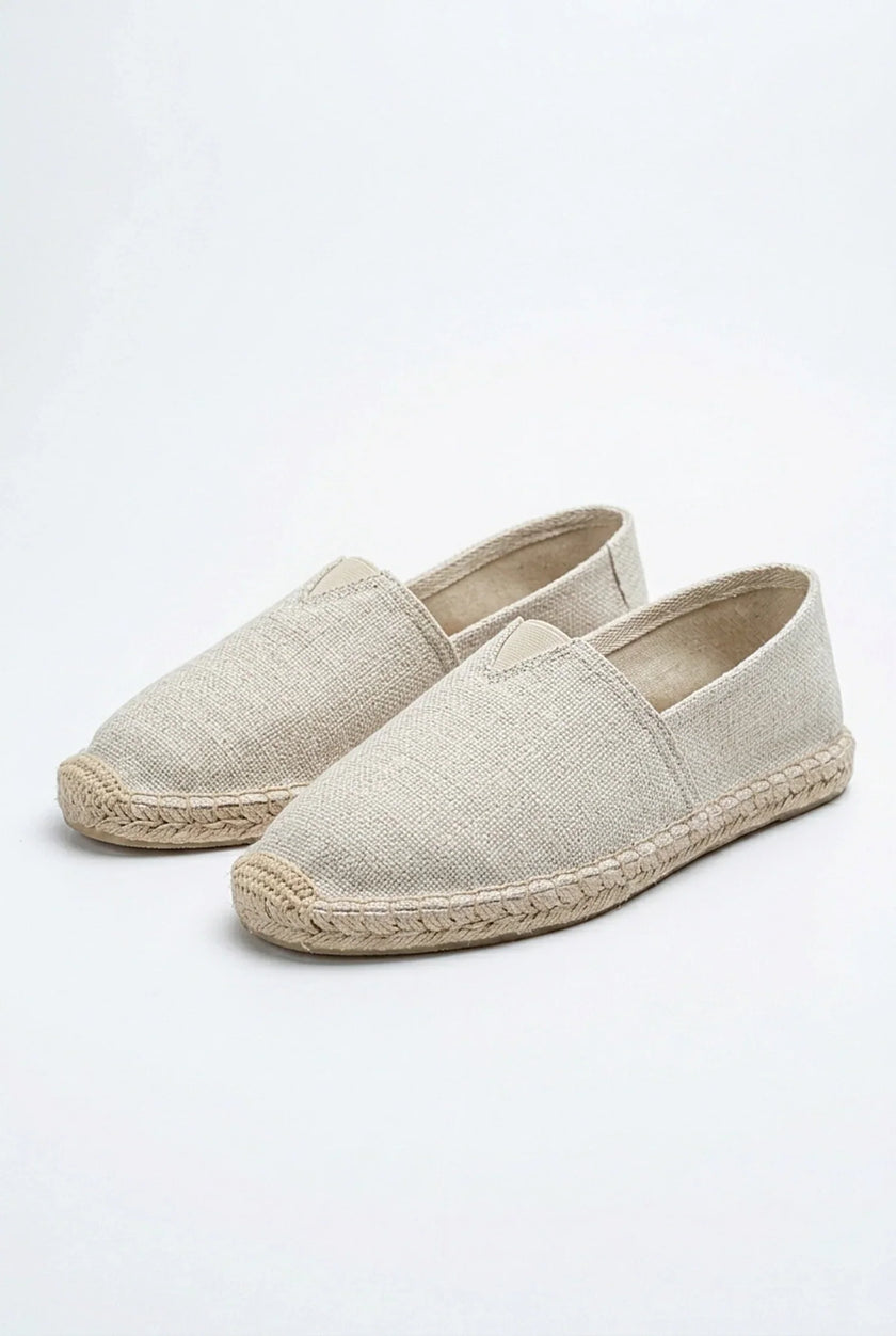 Men's linen espadrille slip-on shoes by FJØRNA, lightweight summer espadrilles with woven fabric and rubber sole, casual footwear.