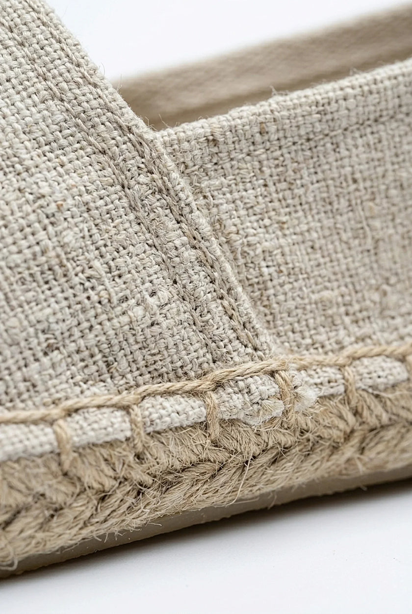 Men's linen espadrille slip-on shoes by FJØRNA, lightweight summer espadrilles with woven fabric and casual design.