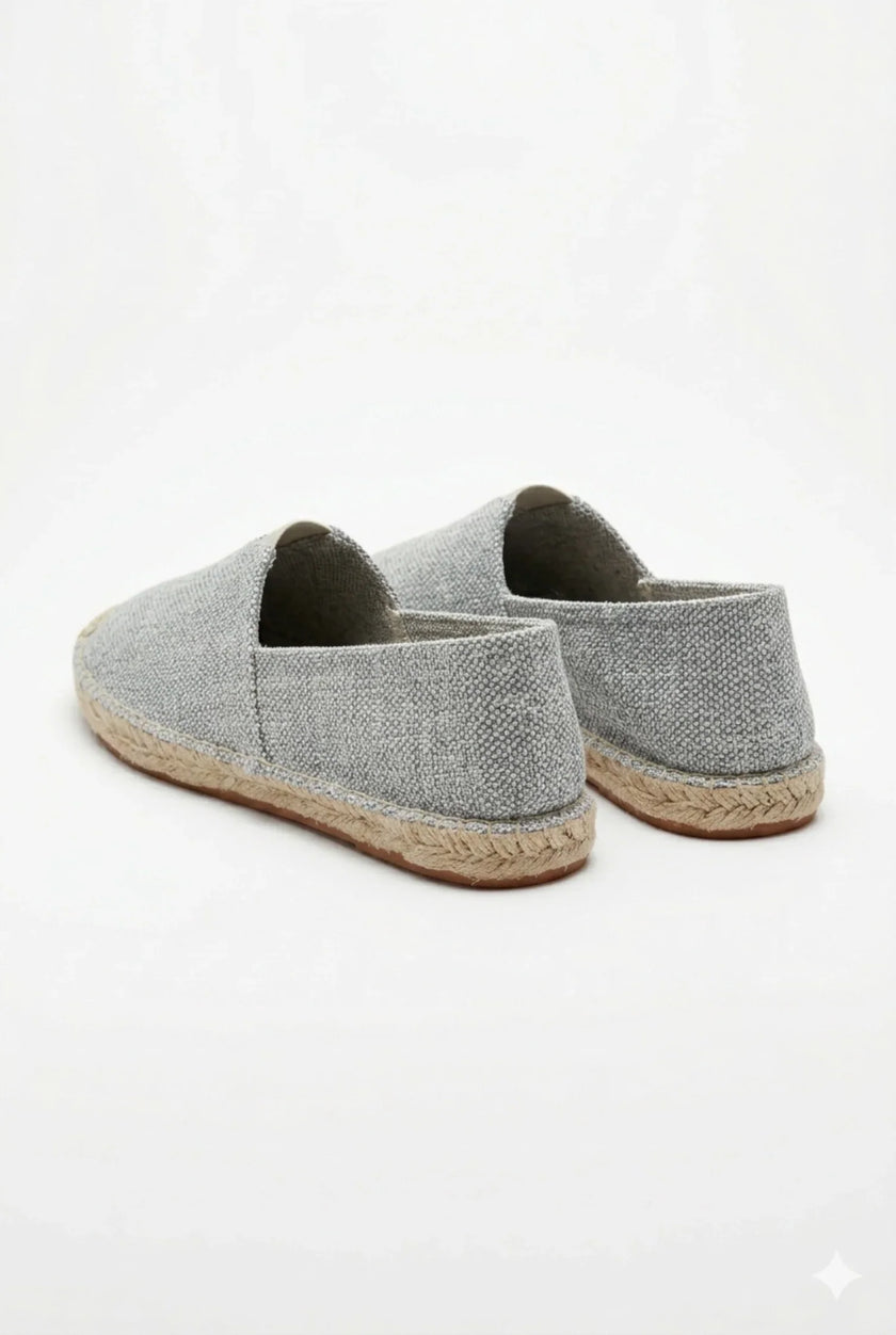 Men's linen espadrille slip-on shoes by FJØRNA, lightweight summer espadrilles with a casual, breathable design and natural fabric texture.