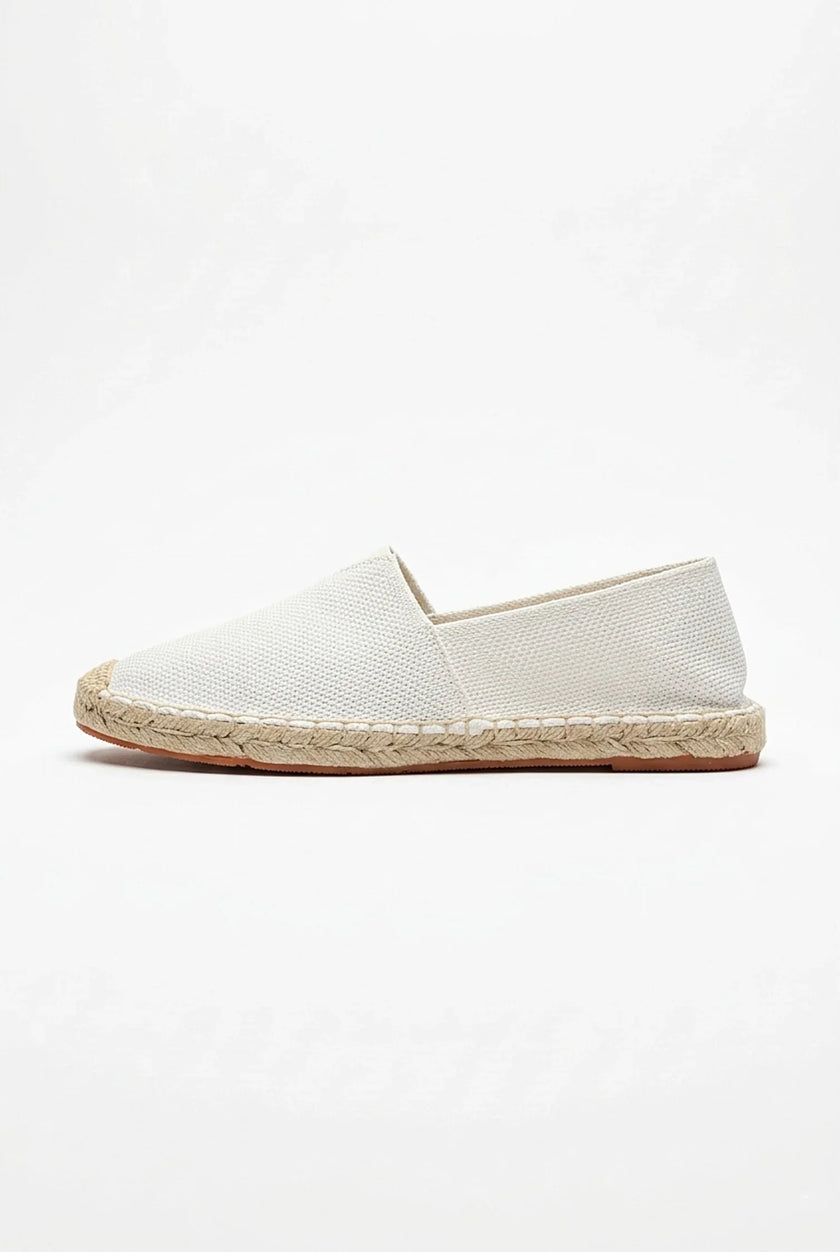 Men's linen slip-on espadrille shoes by FJØRNA, lightweight summer espadrilles with natural woven fabric and flexible sole.