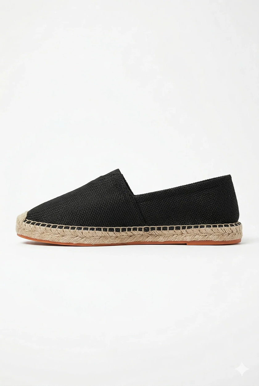 Men's linen slip-on espadrille shoes by FJØRNA, lightweight summer footwear with woven fabric and rubber sole.