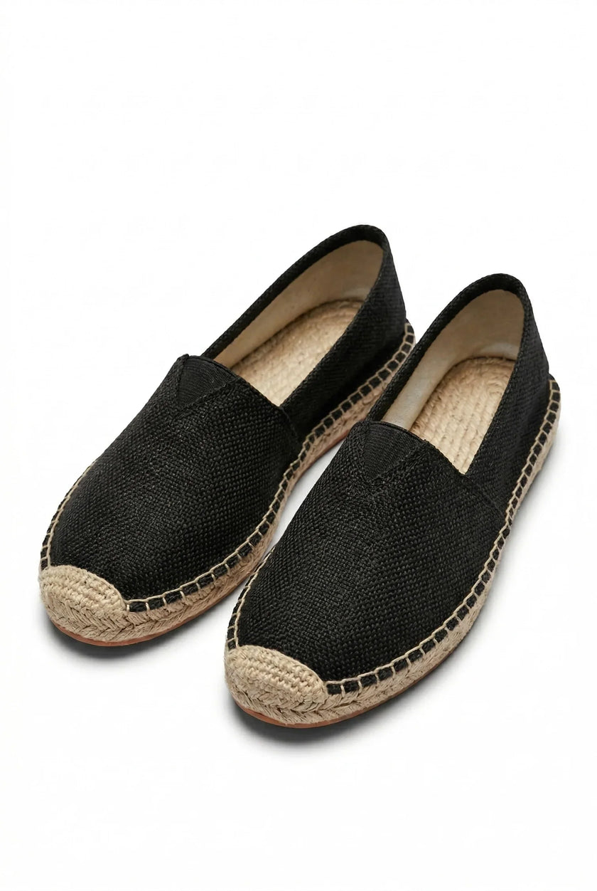 Men's linen slip-on espadrille shoes by FJØRNA featuring lightweight summer design and natural woven espadrille sole.