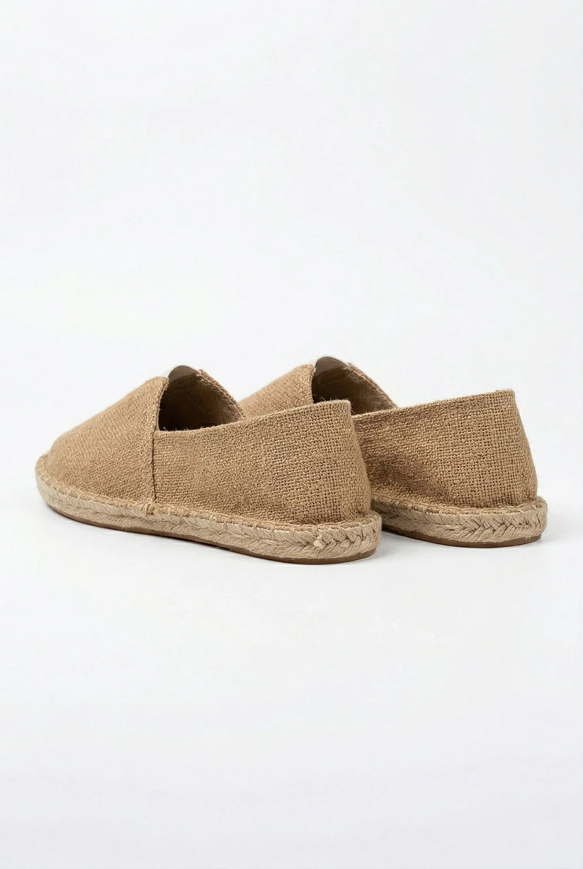 Men's lightweight linen espadrille slip-on shoes by FJØRNA, featuring casual summer design with woven fabric and comfortable sole.