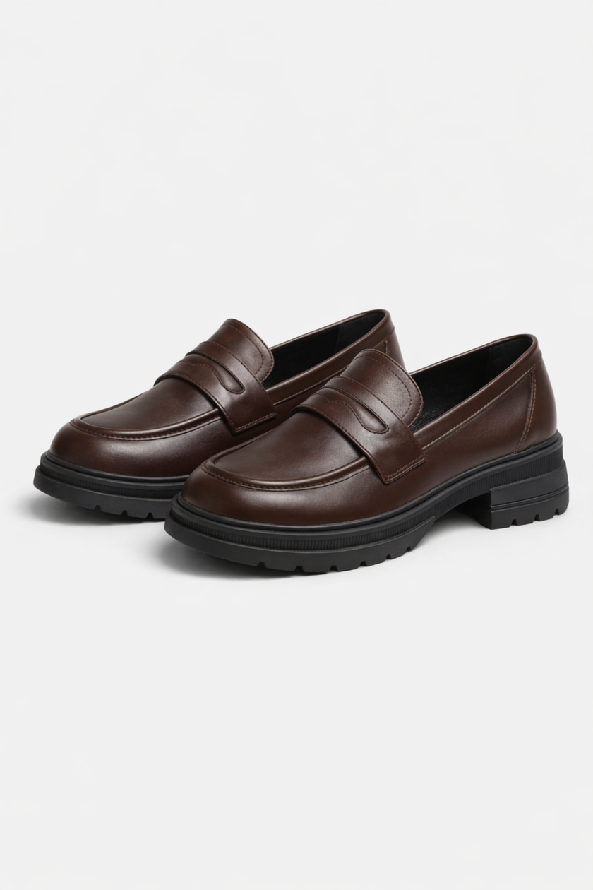 FJØRNA women's chunky platform loafers with block sole, casual slip-on shoes in black leather, perfect for spring styles.