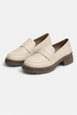 FJØRNA women's chunky platform block heel loafers in black leather, stylish smart-casual shoes for women.