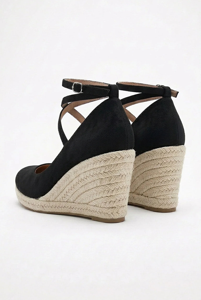 Women's ankle-strap espadrille wedge sandals by FJØRNA, featuring a platform sole and elegant design for stylish summer wear.