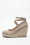 Women's ankle-strap espadrille wedge sandals by FJØRNA, stylish platform shoes with woven jute heel and elegant design.