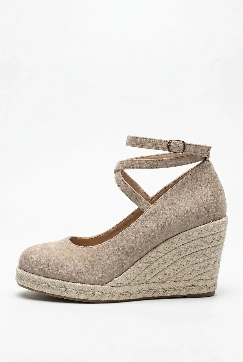 Women's ankle-strap espadrille wedge sandals by FJØRNA, stylish platform shoes with woven jute heel and elegant design.