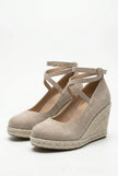 Women's ankle-strap espadrille wedge sandals by FJØRNA featuring platform soles, stylish design, and elegant ankle straps.