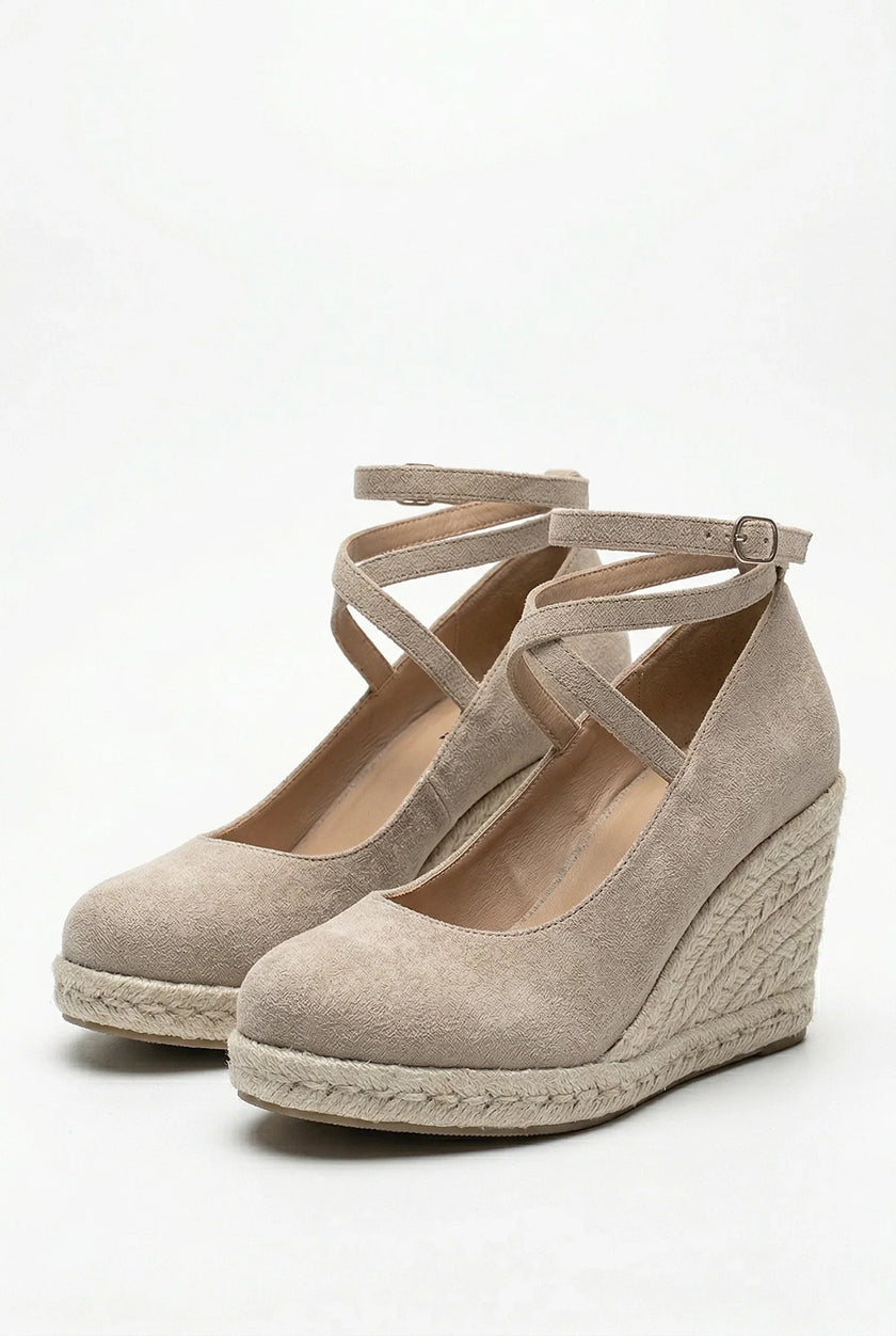 Women's ankle-strap espadrille wedge sandals by FJØRNA featuring platform soles, stylish design, and elegant ankle straps.