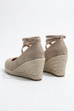 Women's ankle-strap espadrille wedge sandals by FJØRNA, featuring platform style and elegant design, shown from side view.