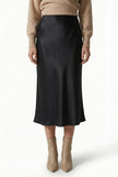 FJØRNA satin high-waist flowing midi skirt for women, elegant pencil style in a smooth, shiny fabric with a flattering fit.