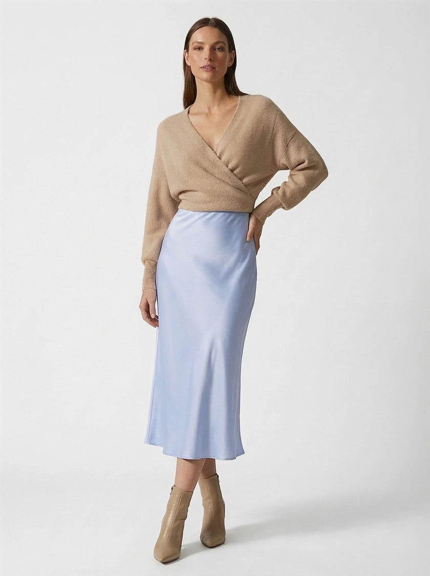 FJØRNA satin high-waist flowing midi skirt for women, elegant pencil midi skirt in a smooth satin fabric, variant 5 style shot