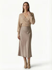 FJØRNA satin high-waist flowing midi skirt for women, elegant pencil style in smooth satin fabric, shown in variant 6.